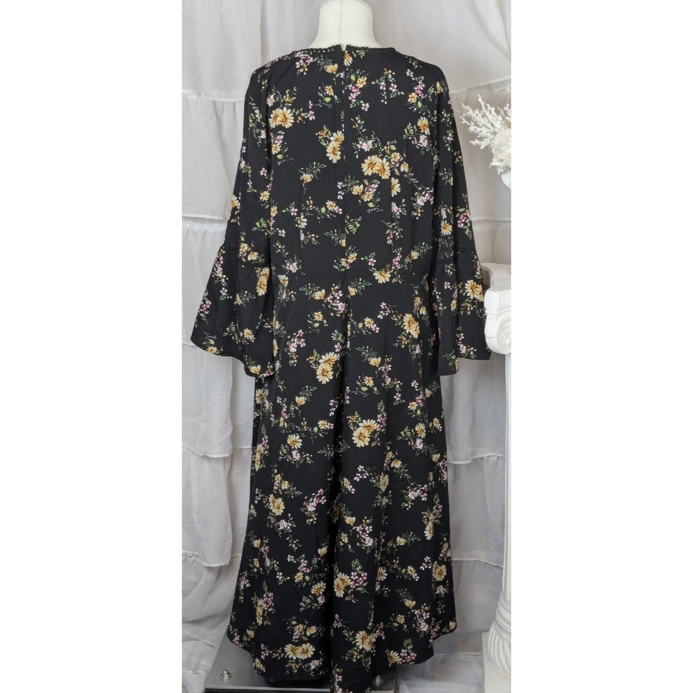 Suzanne Betro Black Floral Tie Front Long Bell Sleeve Midi Dress Size 1X - Picture 6 of 12